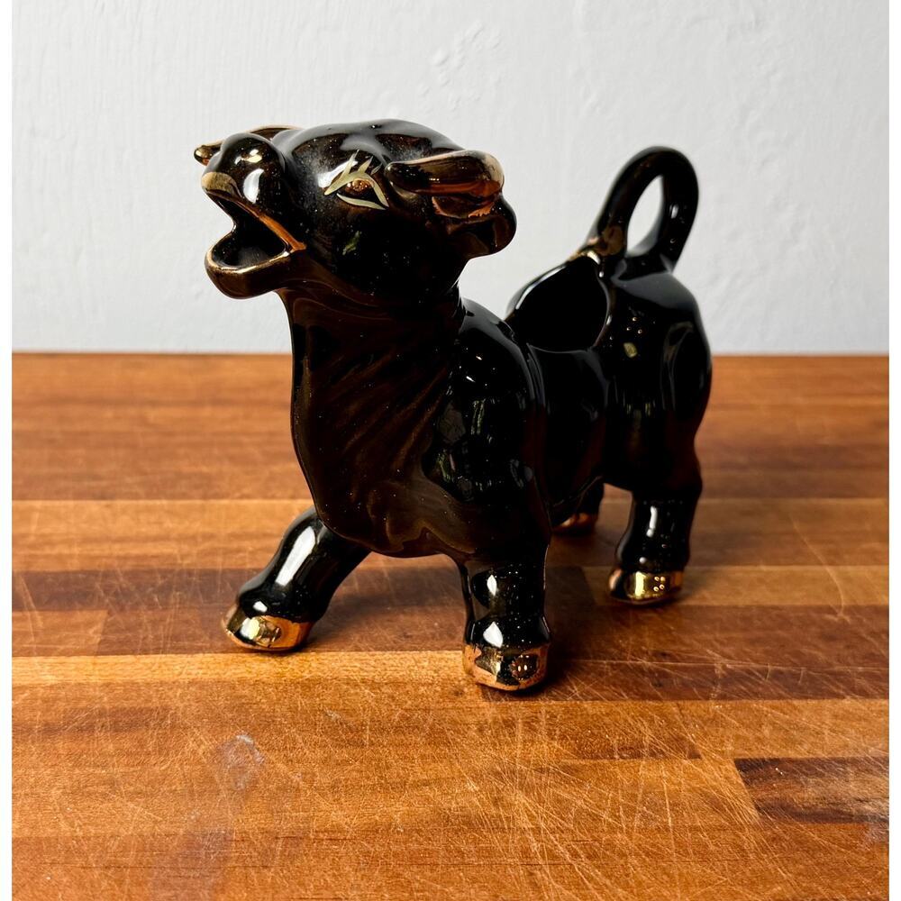 Vintage 1950s Black Bull Creamer | Gold Accents, Mid-Century Ceramic Pitcher - Picture 13 of 15